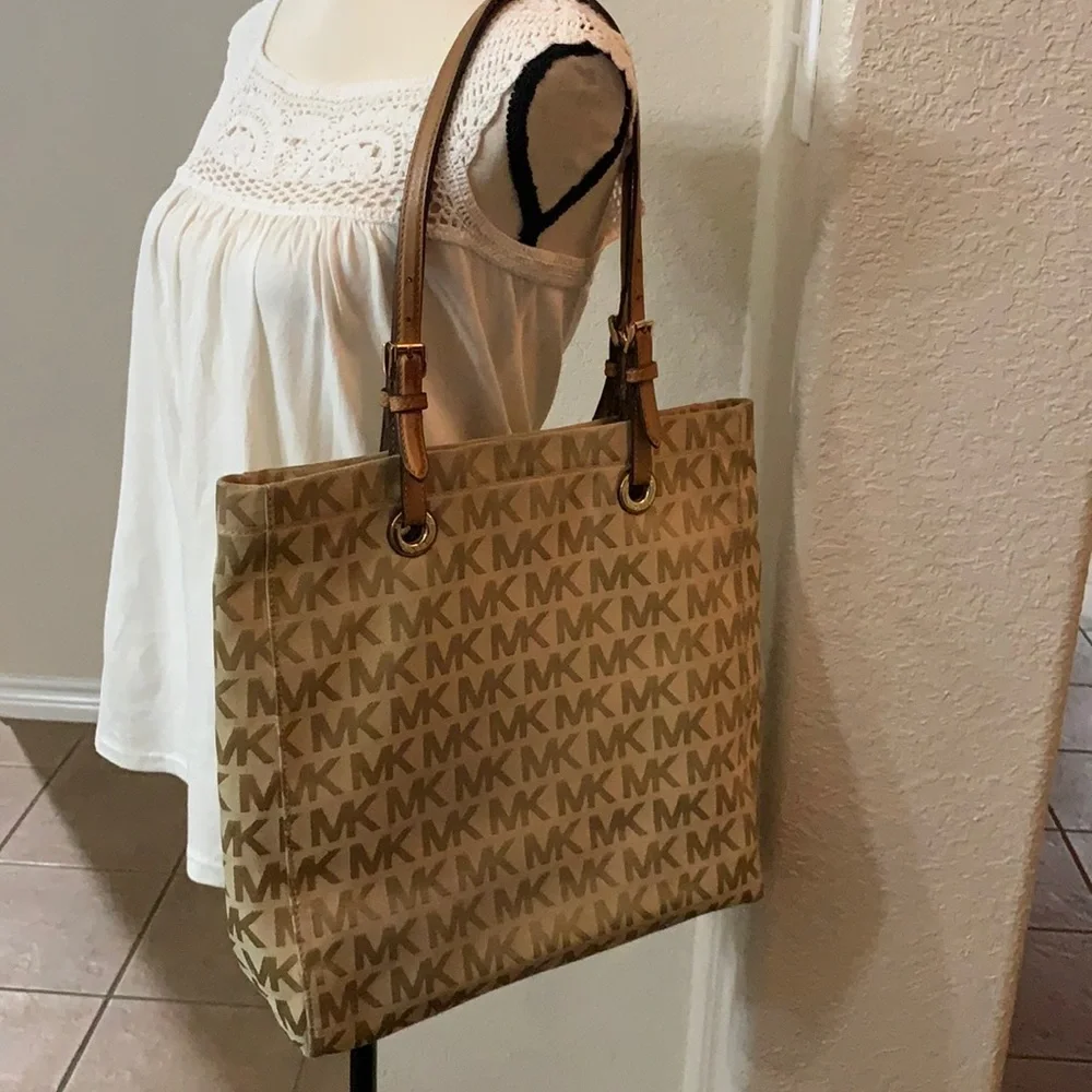 Michael Kors MK monogrammed print tan large shoulder bag with tan leather straps